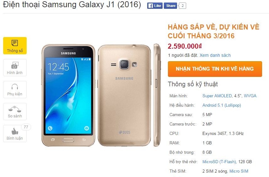 Galaxy J1 2016 có giá bán 2.59 triệu đồng Galaxy J1 2016 có giá bán 2.59 triệu đồng