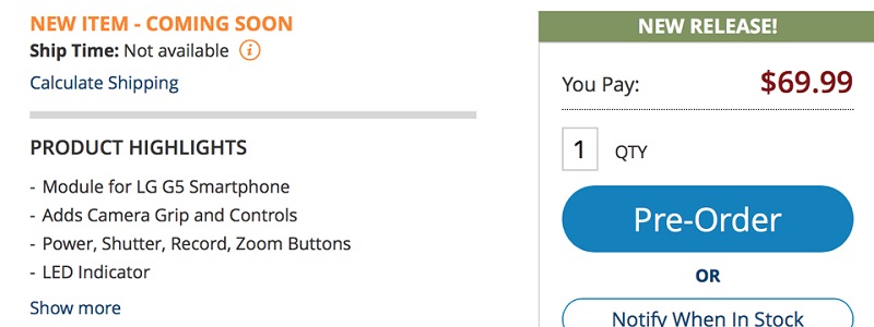 Giá bán của LG G5 Cam Plus Giá bán của LG G5 Cam Plus