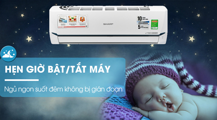 Máy lạnh Sharp Inverter 1 HP AH-X9XEW được trang bị chế độ hẹn giờ bật tắt thông minh, giúp bé ngủ ngon, không bị thức giấc do quá lạnh.