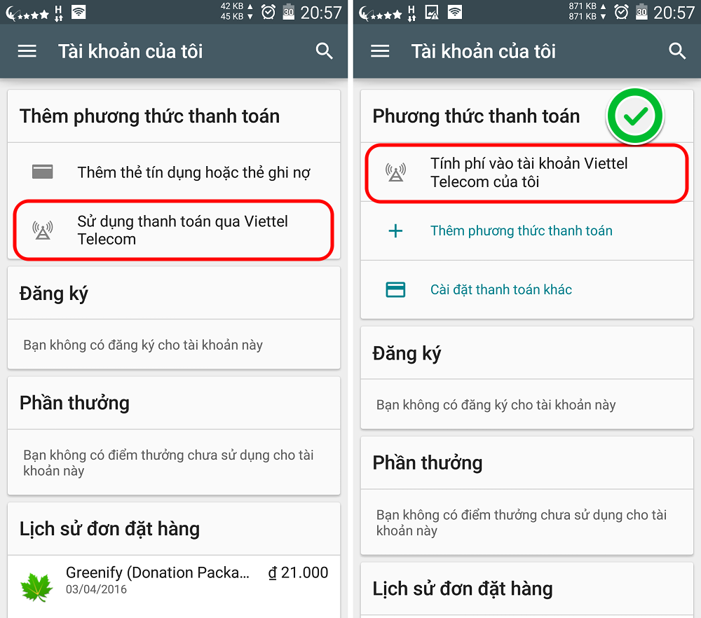 Bật thanh toán Viettel Telecom
