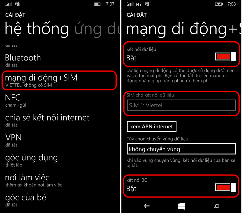 Mở kết nối mạng di động và cho phép sử dụng 3g