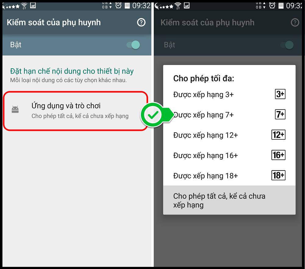  chạm vào mục ứng dụng và trò chơi để thiết lập độ tuổi cần hạn chế.