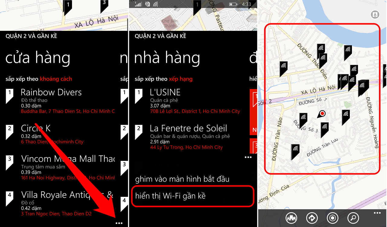 Ngoài ra, bạn chạm vào ba chấm góc dưới bên phải màn hình để ghim mục tính năng này ra màn hình chính và cũng có thể xem các điểm có wifi miễn phí gần bạn. Ngoài ra, bạn chạm vào ba chấm góc dưới bên phải màn hình để ghim mục tính năng này ra màn hình chính và cũng có thể xem các điểm có wifi miễn phí gần bạn.