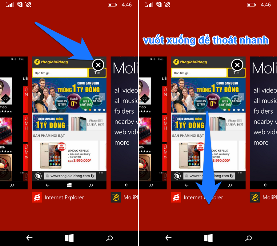 Với ứng dụng vừa sử dụng bạn cũng làm như bên trên và chạm nhẹ vào dấu X góc trên bên trái ứng dụng hoặc kéo nhẹ ứng dụng xuống dưới để thoát hẳn ứng dụng một cách nhanh chóng. Với ứng dụng vừa sử dụng bạn cũng làm như bên trên và chạm nhẹ vào dấu X góc trên bên trái ứng dụng hoặc kéo nhẹ ứng dụng xuống dưới để thoát hẳn ứng dụng một cách nhanh chóng.