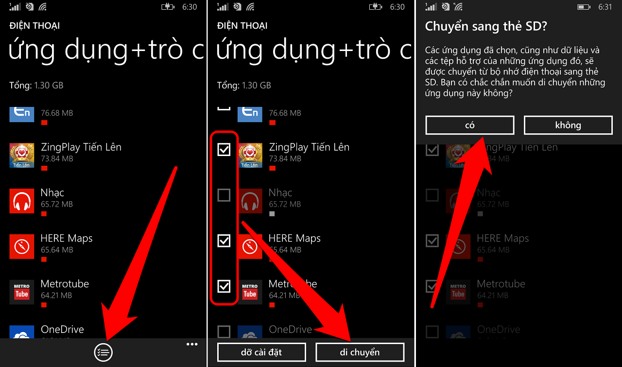 Di chuyển và cứ để quá trình di chuyển ứng dụng sang thẻ được bắt đầu. Di chuyển và cứ để quá trình di chuyển ứng dụng sang thẻ được bắt đầu.