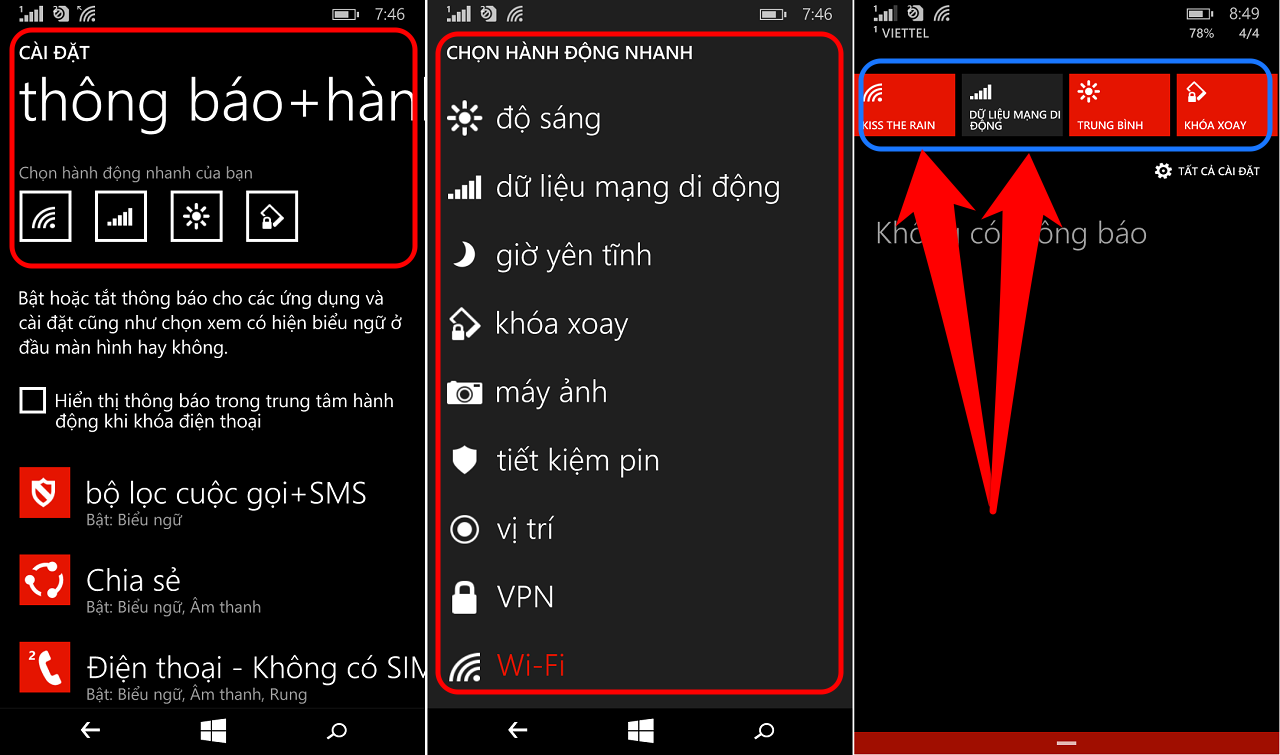 Thông báo + hành động, tại khu vực Chọn hành động nhanh của bạn, chạm vào vị trí mình cần sắp xếp thêm hoặc thay đổi Thông báo + hành động, tại khu vực Chọn hành động nhanh của bạn, chạm vào vị trí mình cần sắp xếp thêm hoặc thay đổi