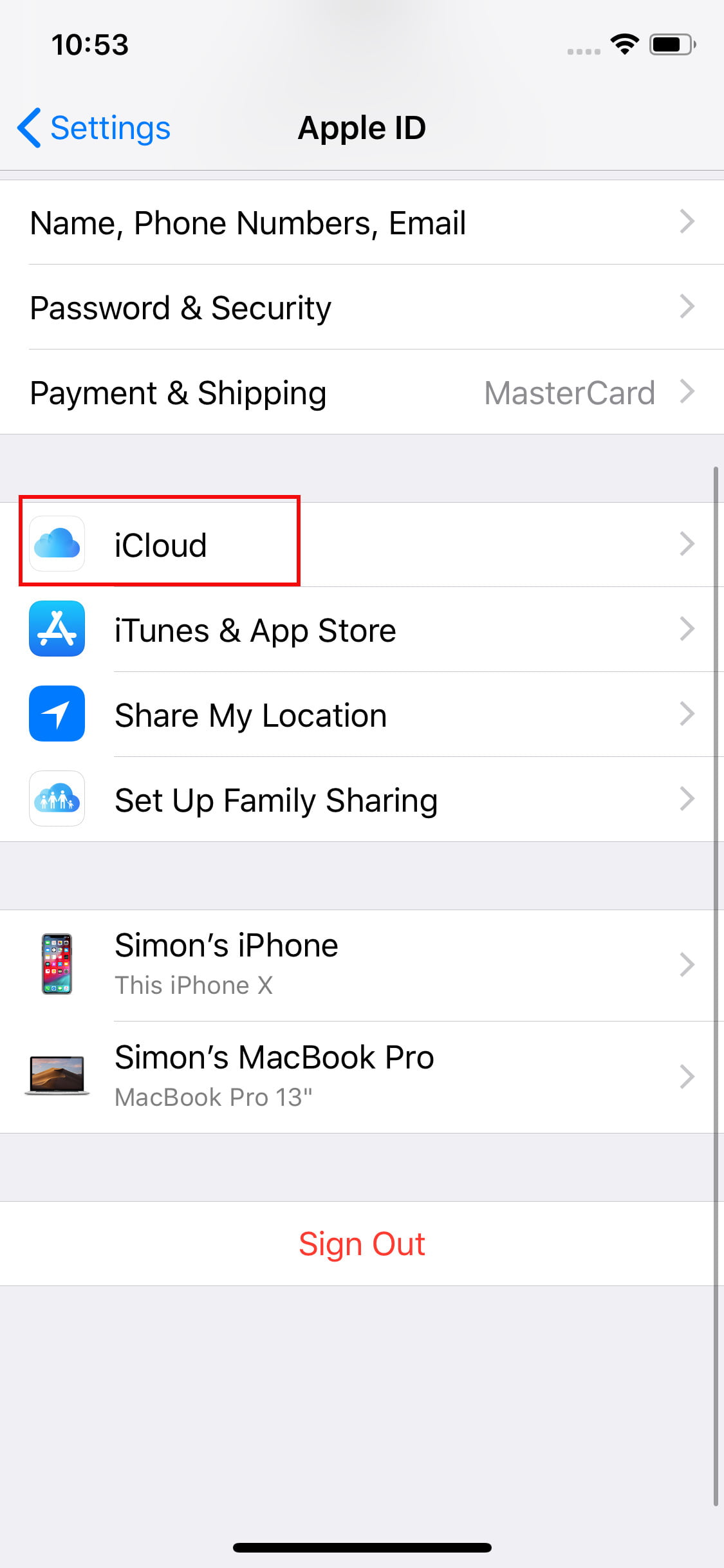 Nhấn chọn iCloud