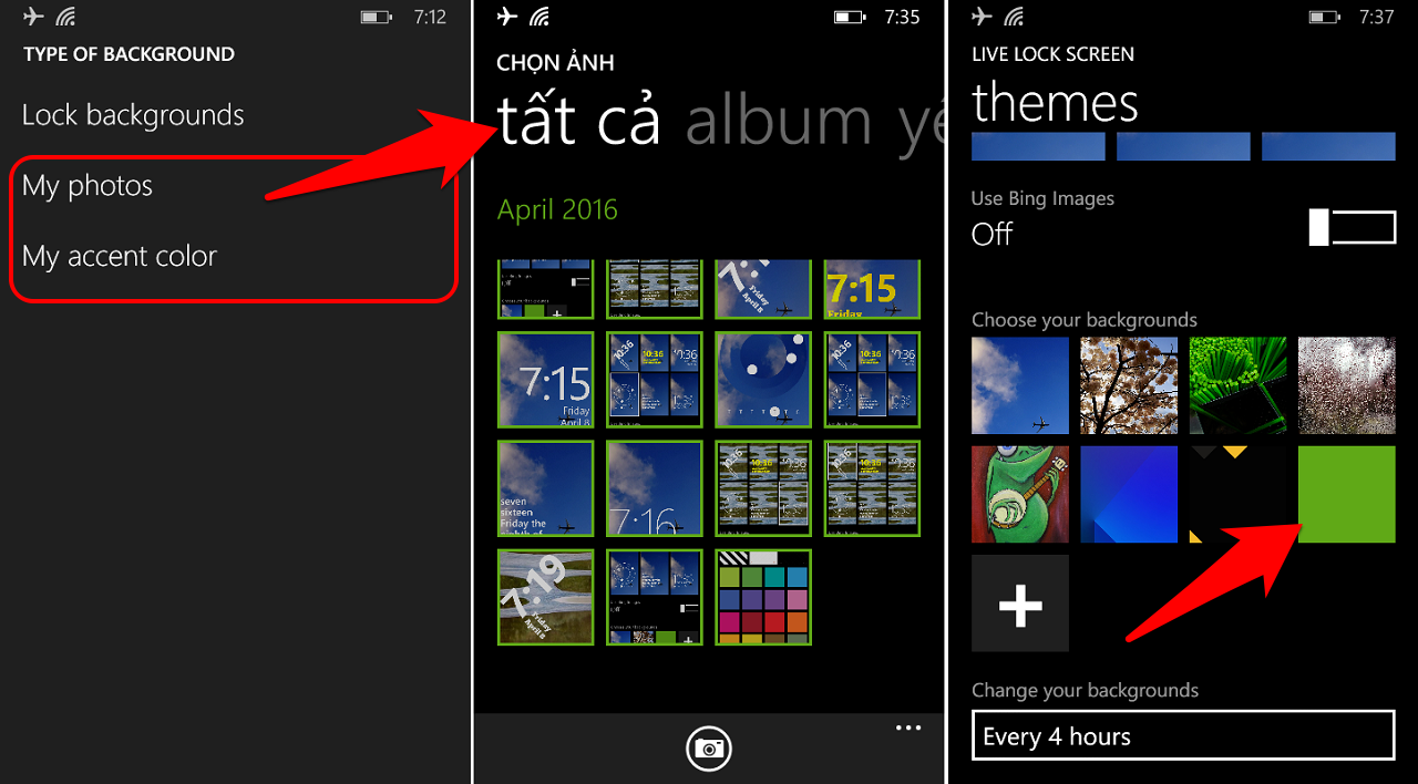 My photos để chọn hình ảnh của bạn hoặc My accent color thêm màu chủ đề mà bạn đang sử dụng. My photos để chọn hình ảnh của bạn hoặc My accent color thêm màu chủ đề mà bạn đang sử dụng.