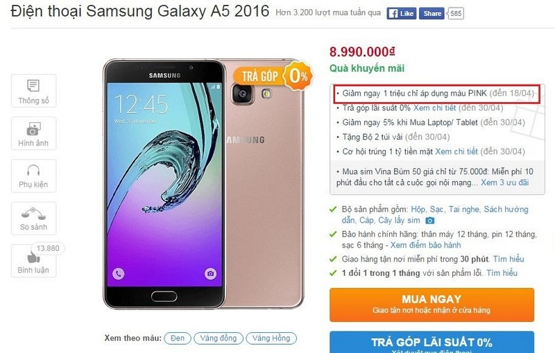 Giảm giá phiên bản màu hồng 1 triệu đồng
