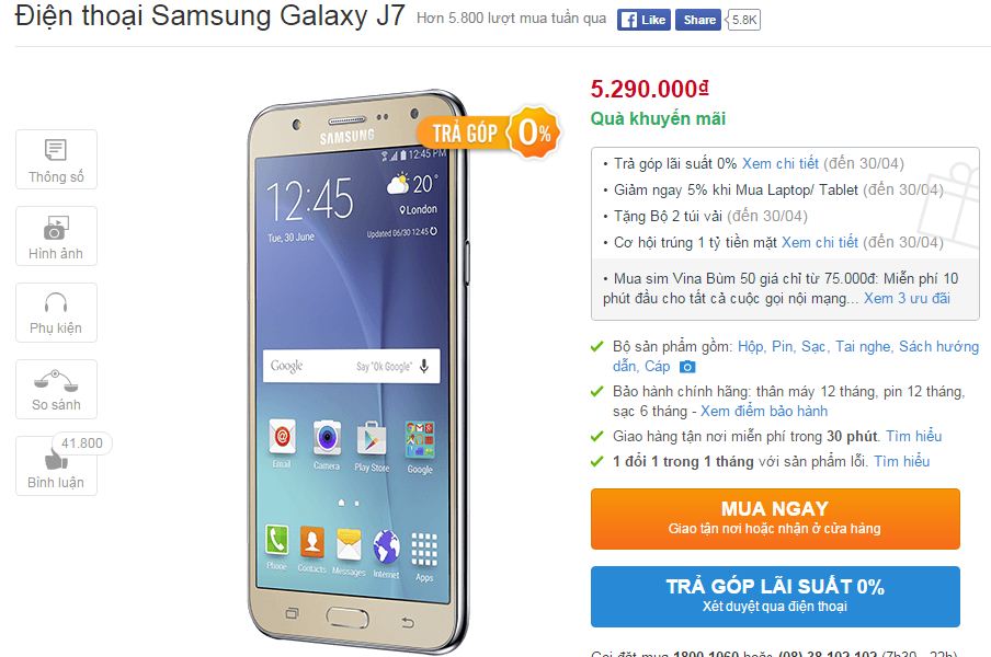 Galaxy J7 với camera 13 MP, màn hình full HD giảm giá