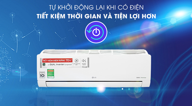 Máy lạnh LG Inverter 1.5 HP V13ENH1 được trang bị tính năng tự khởi động lại khi có điện, giúp tiết kiệm thời gian.
