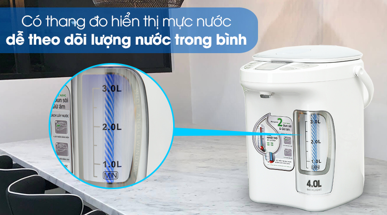 Bình thủy điện Kangaroo KG4K1 4 lít có thang đo hiển thị mực nước, giúp bạn dễ theo dõi lượng nước
