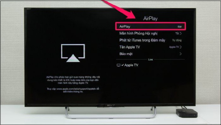 Kích hoạt tính năng AirPlay bằng cách bạn quay lại mục Cài đặt rồi chọn AirPlay > chọn Bật.