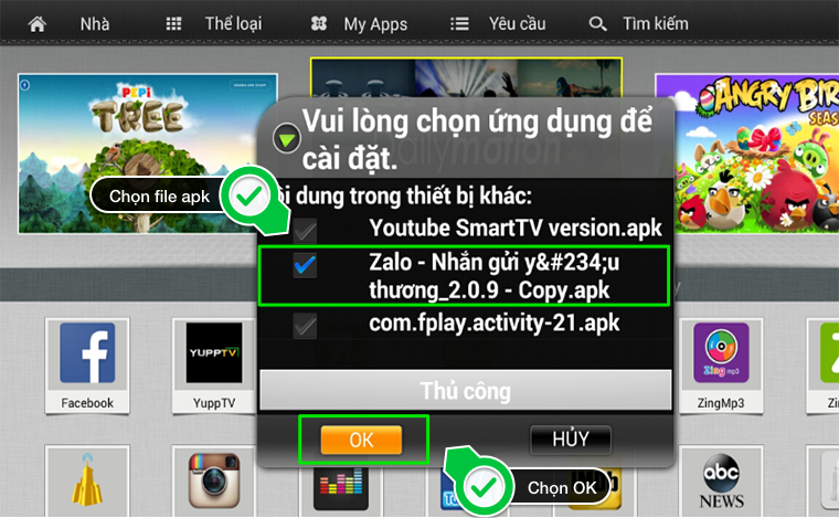 Cách cài đặt ứng dụng ngoài trên Smart tivi TCL bằng file apk > Chọn file apk rồi nhấn OK