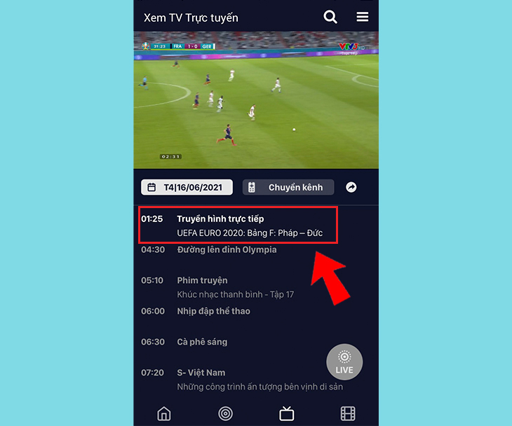 Cách xem lại các trận đấu đã bỏ lỡ trong mùa EURO 2020 > Bước 7: Nhấn vào trận đấu mà bạn muốn xem.