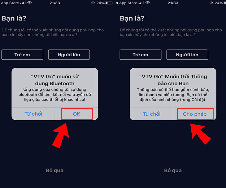 Bước 2: Khởi động ứng dụng VTV GO trên điện thoại và ấn chọn mục Cho phép để xác nhận cấp quyền ứng dụng