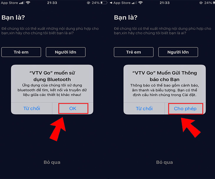 Cách xem lại các trận đấu đã bỏ lỡ trong mùa EURO 2020 > Bước 2: Khởi động ứng dụng VTV GO trên điện thoại và ấn chọn mục Cho phép để xác nhận cấp quyền ứng dụng