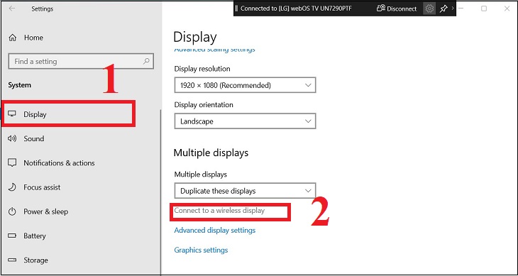 Chọn Display > Nhấn vào mục Connect to a Wireless display (Windows + P).
