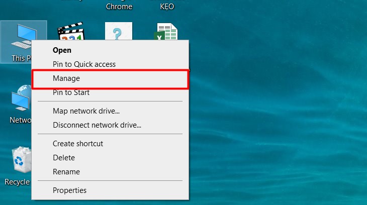 Kích chuột phải vào This PC > Chọn Manage.