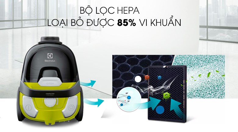 Máy hút bụi trang bị bộ lọc HEPA giúp loại bỏ vi khuẩn