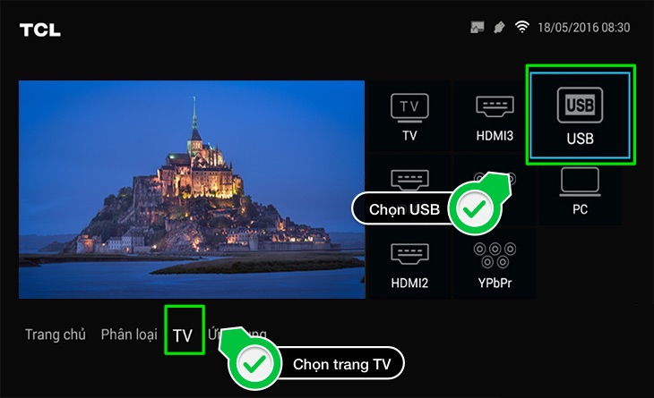 Chọn USB tại trang TV