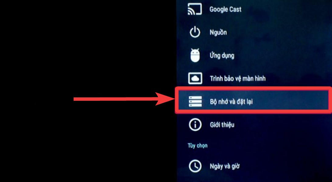 Chọn Bộ nhớ và đặt lại trên tivi