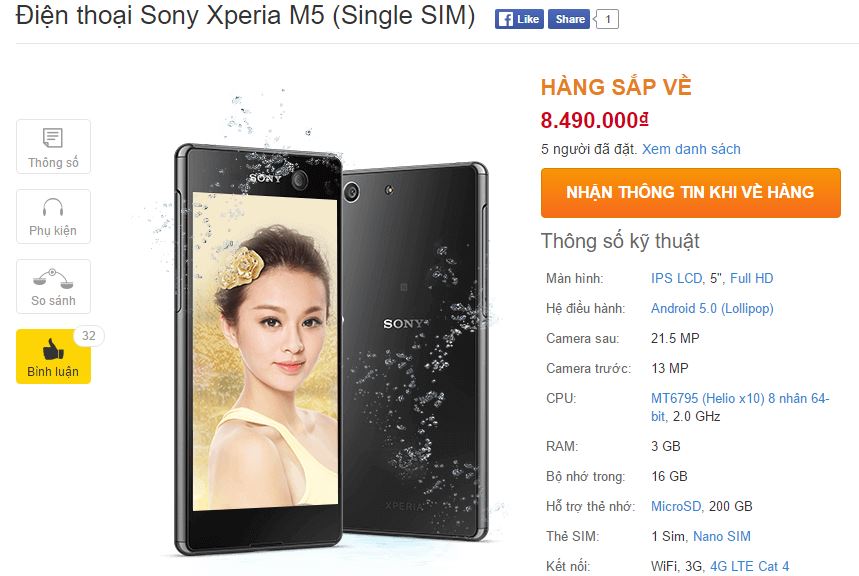 Xperia M5 bản 1 SIM với camera 13/21 MP rẻ hơn cả triệu sắp về VN
