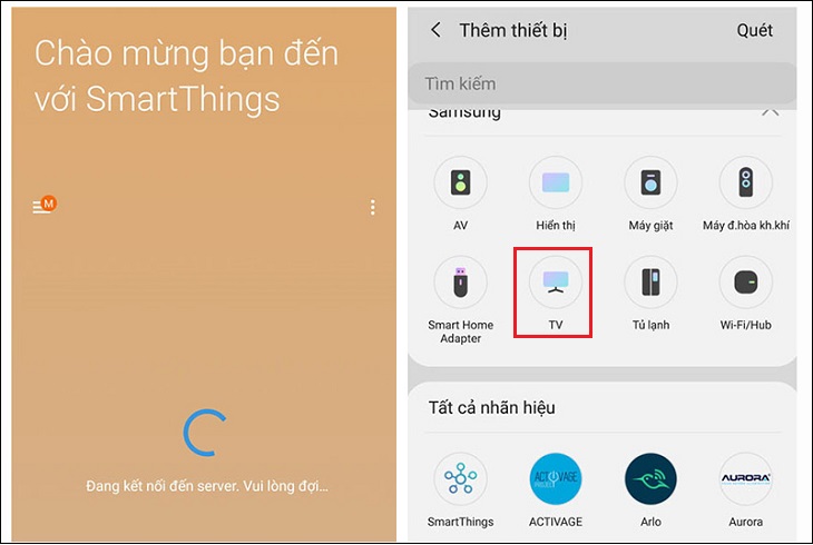 Cách điều khiển Smart tivi Samsung bằng điện thoại Android và iPhone > Mở ứng dụng SmartThings trên điện thoại, chọn Bắt đầu > chọn TV.