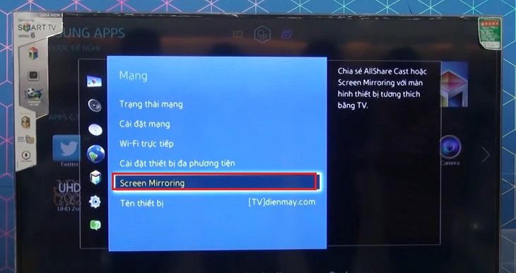 Trên tivi Samsung, bạn dùng remote để vào Cài đặt > chọn Mạng > chọn Screen Miroring.