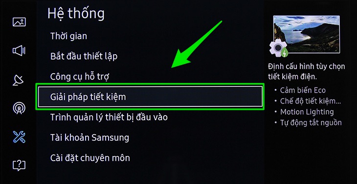 Cách bật chế độ tiết kiệm điện cho Smart tivi Samsung 2016 > Chọn Giải pháp tiết kiệm