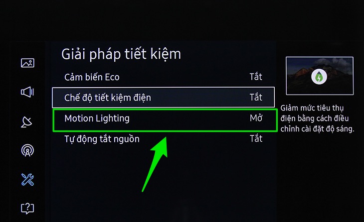Cách bật chế độ tiết kiệm điện cho Smart tivi Samsung 2016 > Motion Lighting
