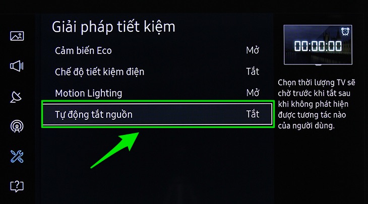 Cách bật chế độ tiết kiệm điện cho Smart tivi Samsung 2016 > Chế độ tự động tắt nguồn