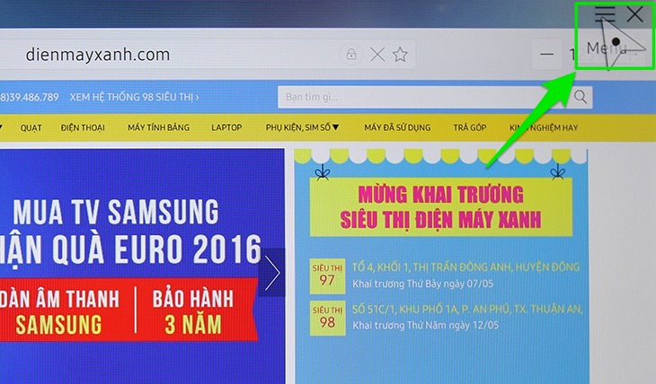 Cách xóa lịch sử duyệt web trên Smart tivi Samsung 2016 > Chọn vào biểu tượng hình 3 dấu gạch