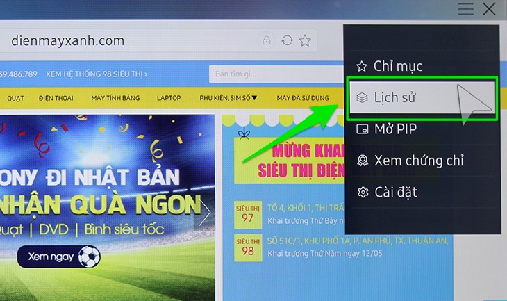 Cách xóa lịch sử duyệt web trên Smart tivi Samsung 2016 > Chọn Lịch sử