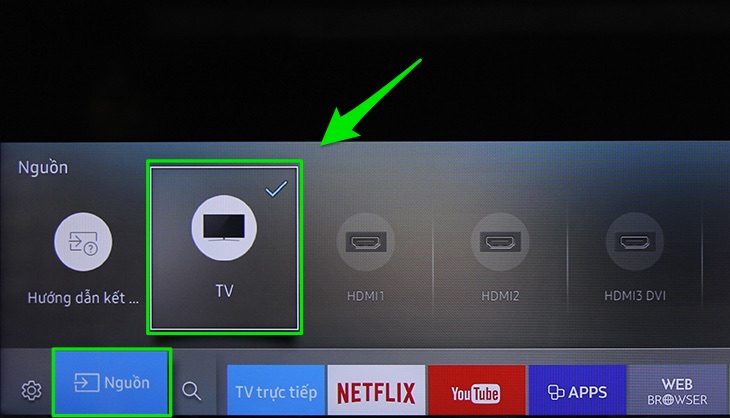 Cách dò kênh trên Smart tivi Samsung 2016 > Chọn nguồn là TV