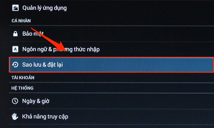 Chọn Sao lưu và Đặt lại