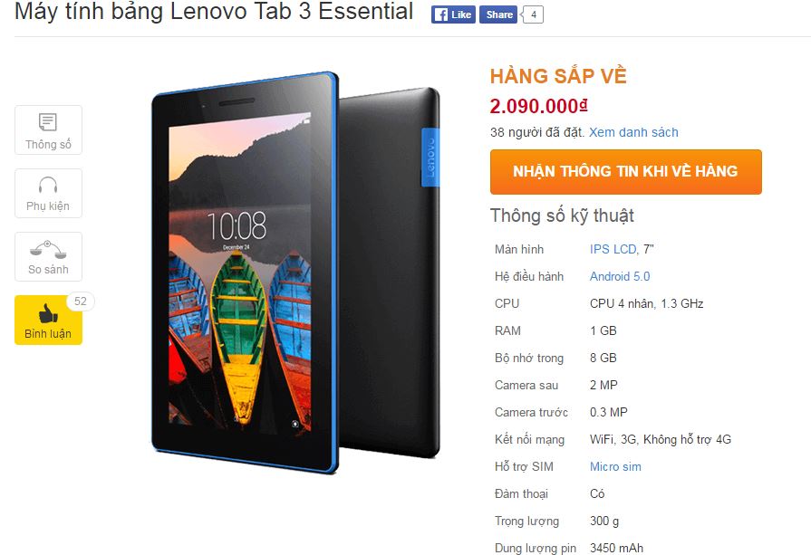 Lenovo Tab 3 Essential giá rẻ, có khe cắm SIM chuẩn bị lên kệ TGDĐ