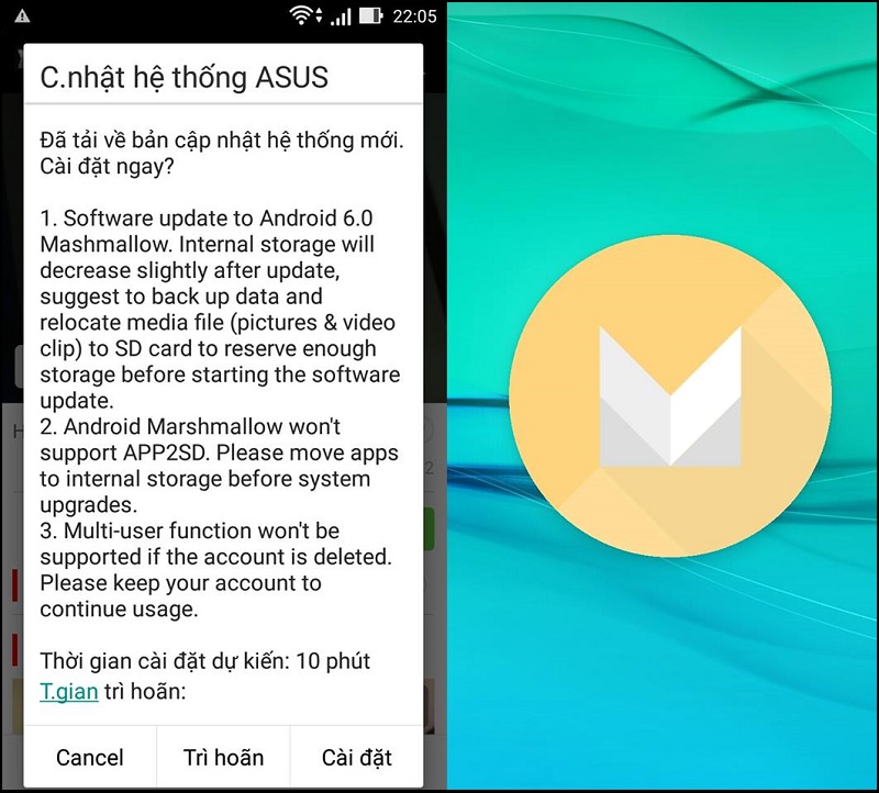Zenfone 2 Laser ZE550KL cập nhật Android 6.0