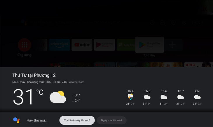 Cách tìm kiếm bằng giọng nói trên Android tivi Sony > Hiển thị kết quả tìm kiếm thời tiết