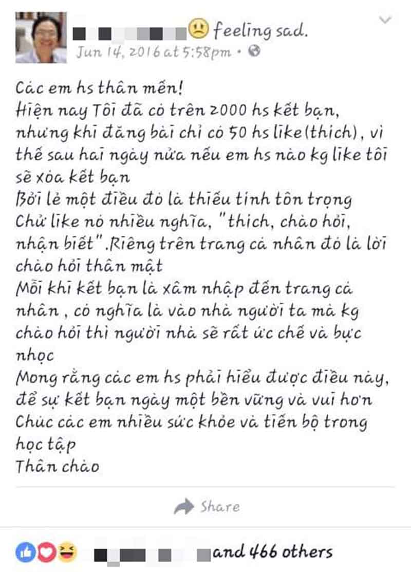 Một giáo viên cho rằng 'không like là thiếu tính tôn trọng', bạn nghĩ sao? Một giáo viên cho rằng 'không like là thiếu tính tôn trọng', bạn nghĩ sao?
