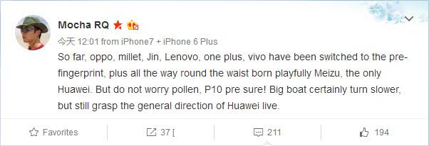 Huawei P10 sẽ được trang bị cảm biến vân tay ở nút Home