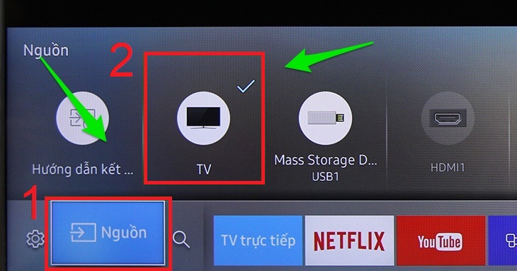 Nhấn nút Home (biểu tượng hình ngôi nhà) trên remote tivi Samsung > chọn Nguồn > chọn đầu vào dữ liệu là TV.