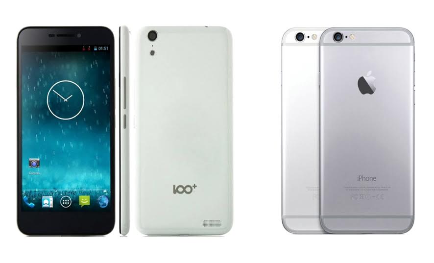 Hình ảnh chiếc điện thoại 100C của Shenzhen Baili (trái) và iPhone 6 của Apple (phải)