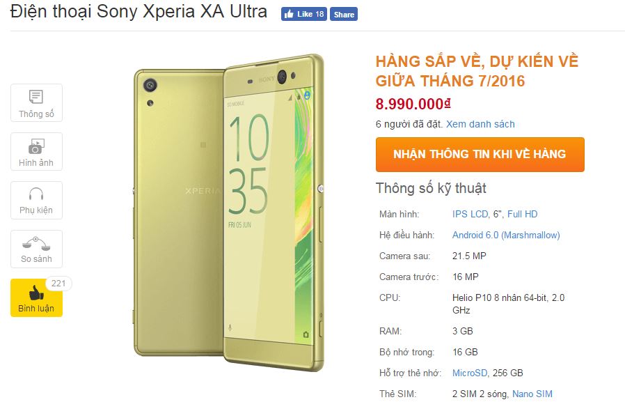 Xperia XA Ultra có giá bán và chuẩn bị lên kệ TGDĐ