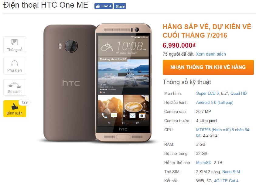 TGDĐ chuẩn bị cho đặt mua HTC One ME, đặt sớm, nhận quà khủng