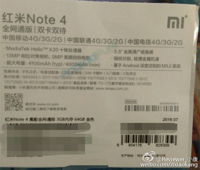 Redmi Note 4 được xác nhận dùng chip 10 nhân Helio X20, pin 4.100 mAh