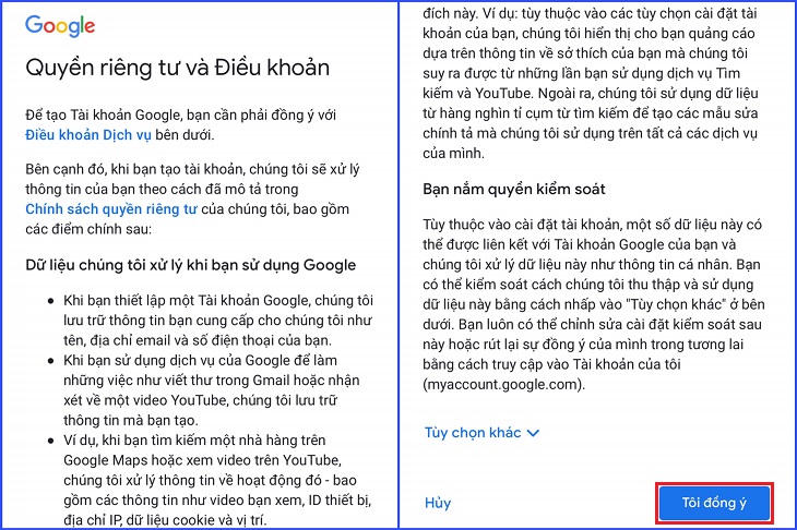 Bạn đọc kỹ các điều khoản của Google > Chọn Đồng ý 