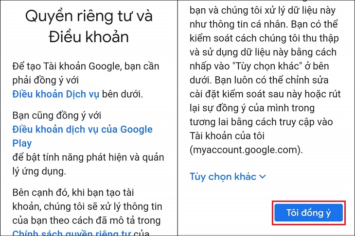 Chọn Tôi đồng ý để chấp nhận các điểu khoản của Google