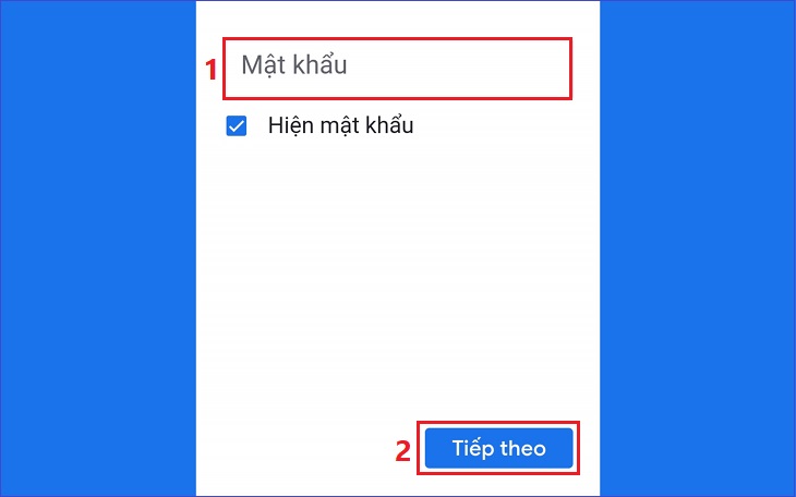 Tạo mật khẩu cho tài khoản > Chọn Tiếp theo