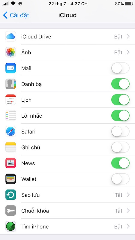 Cài đặt iCloud